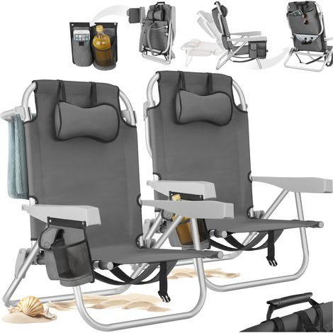 Lot de 2 chaises plage pliables avec fonction sac à dos gris