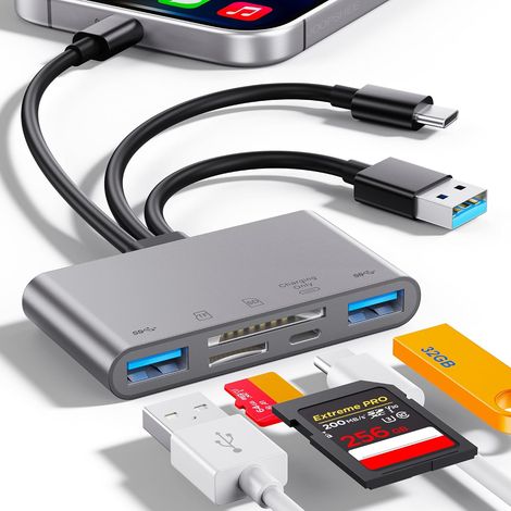 Lecteur de Carte mémoire 5 en 1, Adaptateur USB OTG et Lecteur de Carte SD pour iPhone/iPad, appareils USB C et USB A avec emplacements pour Carte Micro SD et SD, Prend en Charge SDHC/SDXC(Grey) (1/5)
