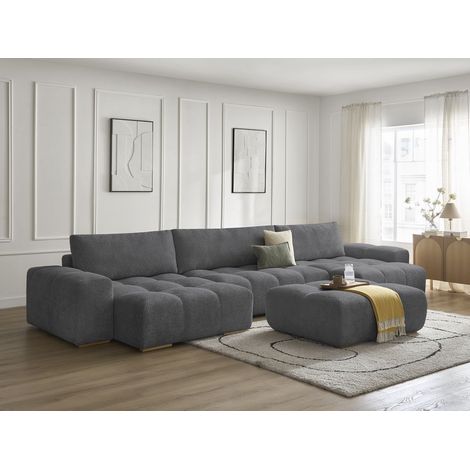 BOBOCHIC - Canapé panoramique convertible coffre ANAKIN tissu bouclette avec pouf   Gris foncé (1/5)