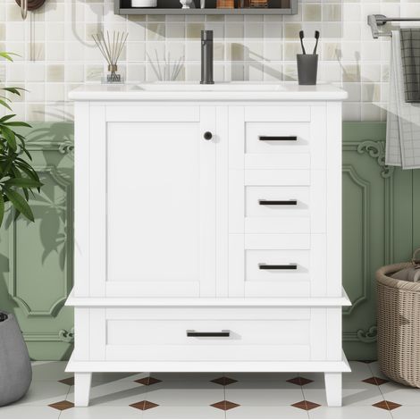 Mueble baño con almacenamiento y lavabo integrado blanco OKMYHOME (1/5)