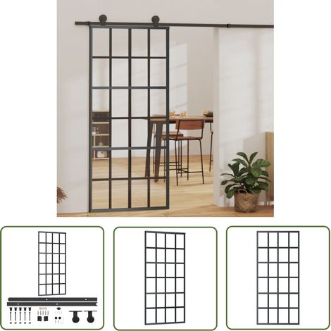 The Living Store Porte coulissante et quincaillerie Verre et Aluminium 90x205 cm - Portes Coulissantes - Porte Vitrée - Porte Aluminium - Portes Intérieures - Kit De Quincaillerie (1/5)