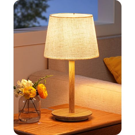 EDISHINE Lampe de Chevet avec Socle en Bois Massif, Abat-jour en Lin, 2700K Blanc Chaud, Lampe de Table LED avec Douille E27 pour Chambre et Salon, incl. Ampoule LED 4W (1/5)