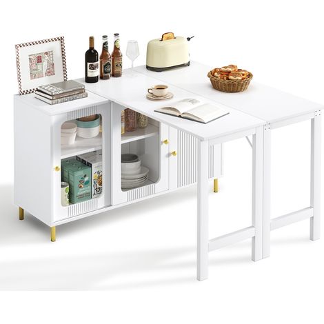 Buffet extensible blanc avec plateau rabattable et coulissant, portes vitrées coulissantes, tiroirs et pieds métal doré pour salle à manger et cuisine  CHICFURN (1/5)