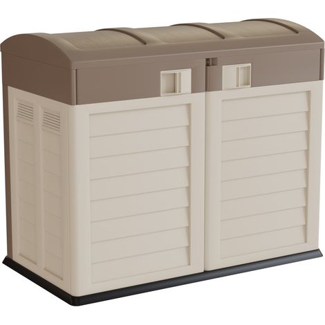 Rangement Poubelle 1500L - Cache Poubelle de Tri Polypropylène Ecru Taupe - Coffre de jardin Verrouillable par Cadenas