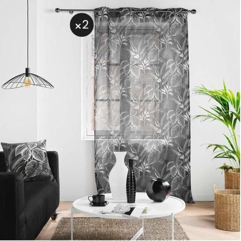 Lot de 2 Voilages a oeillets 140 x 240 cm voile sablé imprimé Cabana Noir (1/4)