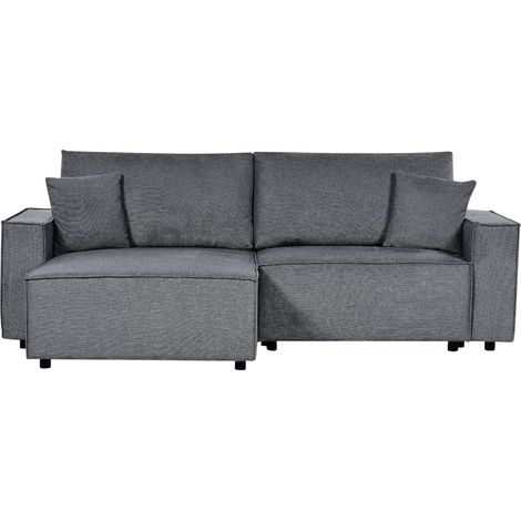 Sofá cama esquinero seccional moderno de tela de poliéster respaldo tapizado con cojines sala de estar derecho gris oscuro Karila