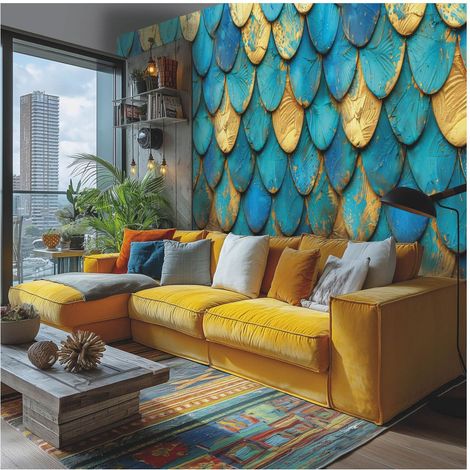 Photo wallpaper wall Profhome 790163 hot embossed non-woven wallpaper slightly textured with graphical pattern matt turquoise blue ochre yellow 1,59 m x 2,8 m (1/4)