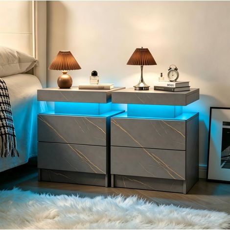 Set di 2 comodini LED con 2 cassetti, truciolare, grigio e dorato, OKWISH (1/5)