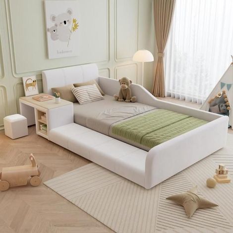 Lit enfant - KOMHTOM - 90 x 200 cm - Sommier à lattes - Rangement tablette - Capacité 150 kg (1/5)