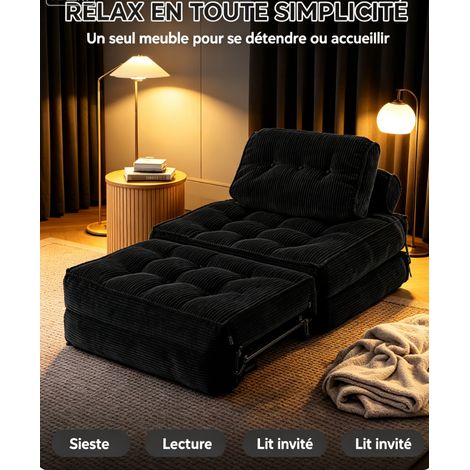Canapé lit pliable 3 en 1 velours côtelé noir, fauteuil de sol ergonomique mousse mémoire, meuble compact gain de place pour studio, salon (1/5)