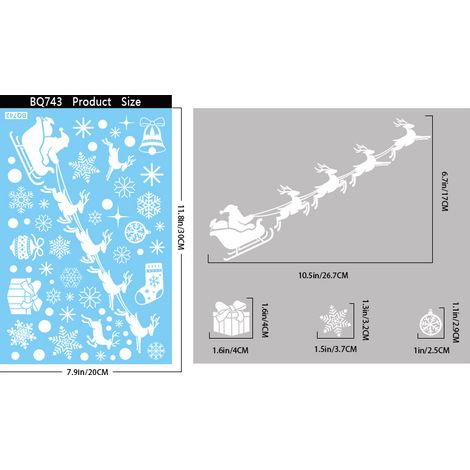 Film adhésif statique pour fenêtre avec flocons de neige blancs de Noël, scène d'hiver enneigée, sapin de Noël avec Père Noël, autocollant pour fenêtre avec maison enneigée et rennes.