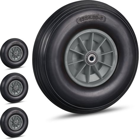 Lot de 4 roues de brouette caoutchouc 4.00-6, de rechange axe, increvable, essieu, 3 adaptateurs, 100 kg, gris/noir