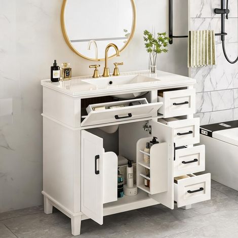 Meuble sous vasque blanc 90 x 46 x 87 cm avec lavabo céramique (1/5)