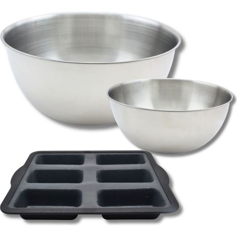 Lot comprenant 1 Moule à financier en silicone fibre de verre, 1 spatule Zenker et 2 bols à mixer en inox Fackelmann