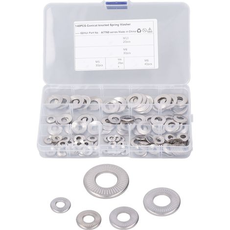 Rondelle Grower Conique Crantée Inox 140 Pièces 5 Tailles M4 M5 M6 M8 M10 Rondelle Élastique Conique Moletée (1/5)