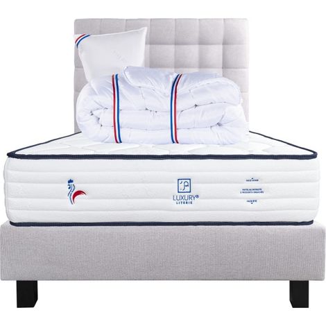 Ensemble Matelas Patriote, 27 cm, ressorts ensachés, ferme, face été/hiver+sommier gris ep20cm+oreiller+couette+Tête de Lit, 90x190cm (1/5)