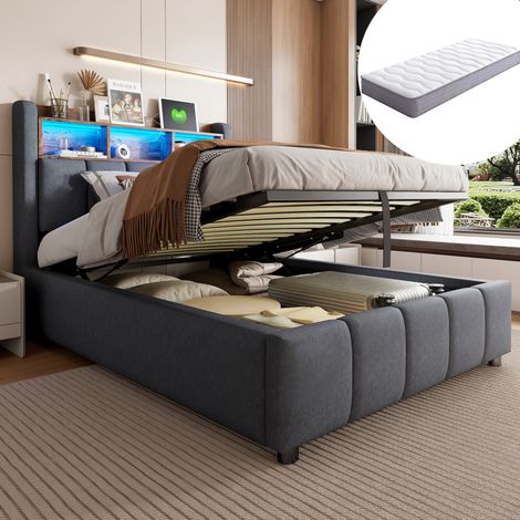 Cama tapizada 215x90x110 cm, con luces LED de color cambiable, almacenamiento hidráulico, puerto USB y Tipo C, lino gris (1/5)
