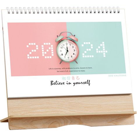 Calendario de madera con marco “Cree en ti mismo 2024”, calendario diario moderno con dibujos animados para decoración de oficina, marco decorativo horizontal de madera natural personalizable. (1/5)