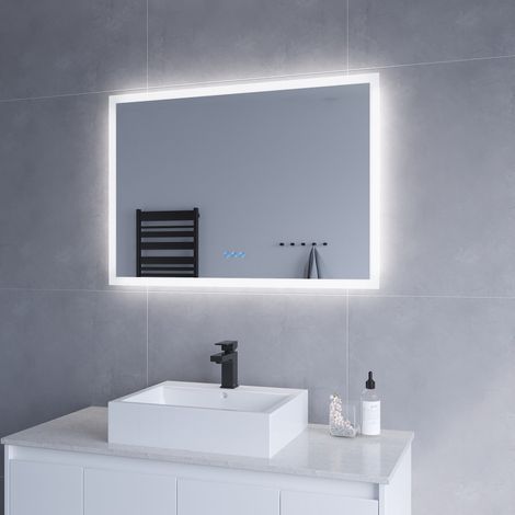 Badezimmerspiegel mit LED Beleuchtung 100x70cm ECHOS Typ C Touch Sensor Dimmbar Spiegelheizung Kaltweiß 6400K Warmweiß 3000K AQUABATOS (1/5)