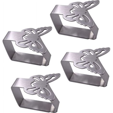 Lot de 4 pinces à nappe papillon en acier inoxydable argenté, robustes et élégantes, idéales pour un mariage, un pique-nique ou un dîner. (1/5)