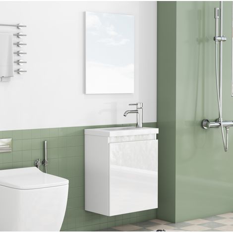 Meuble vasque suspendu 40 cm avec miroir et lavabo en céramique, design sans poignée, MDF blanc brillant (1/5)