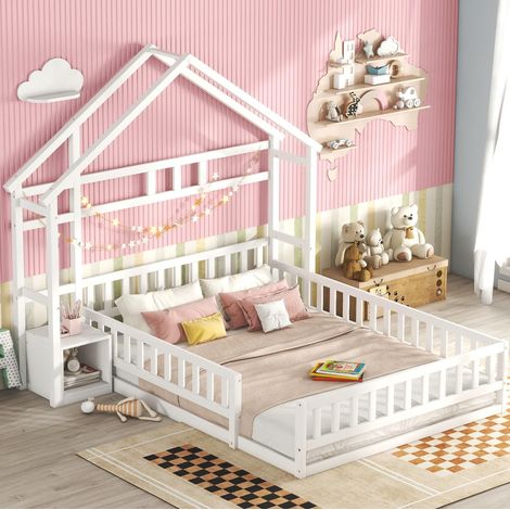 lit cabane 140x200 cm blanc – avec barrière, chevet et rangement, sans matelas (1/5)