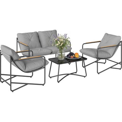 Salon de Jardin 4 Pièces Ensemble avec Canapé 2 Places, 2 Fauteuils et Table Basse Verre Trempé Coussins 13cm Gris Clair (1/5)