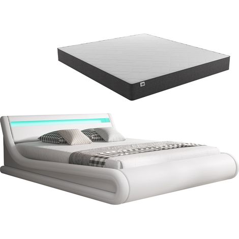Lit Coffre avec Matelas Texas  Lit Adulte  Couleur Blanc avec LED  Matériaux bois et simili cuir  Coffre de rangement  Modèle Parisina  140x190cm