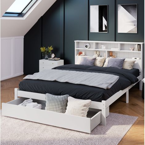 Letto con cassetti e libreria, bianco 140x200 cm (1/5)