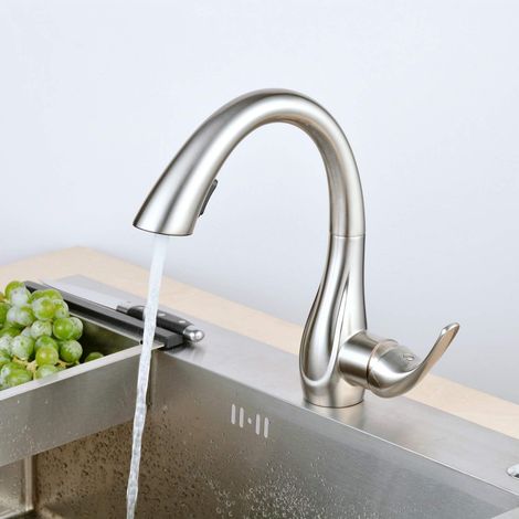 Robinet Cuisine en Laiton, Pivotant à 360° Mitigeur Cuisine avec Douchette Extractible, Nickel Brossé/Finition Mate (1/5)