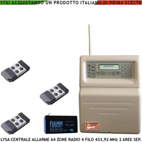 Antifurto Radio Filo Lysa GSM Centrale e 2 Radiocomandi 100 Zone Radio 433,92 MHz Supervisionate 16 Zone Filo 3 Aree Memoria Eventi App Android Gestione Codici Utente e Tecnico GSM Ascolto Ambientale (1/5)