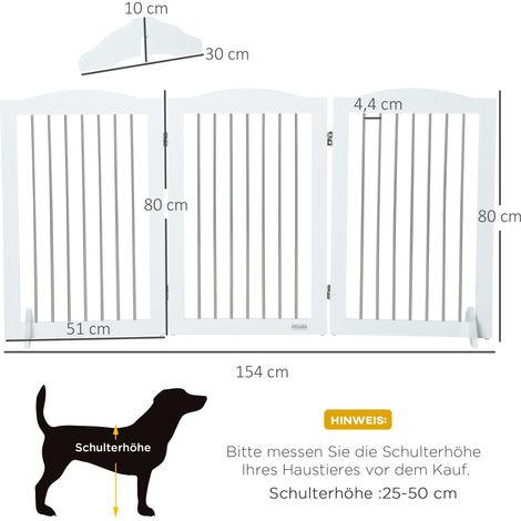 Barrière trois panneaux blanc pliable pour chien 154x30x80cm support stable, grille escalier couloir protection chiens chats sans perçage (1/5)
