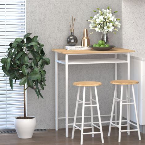 Bartisch Set Bartisch mit 2 Barhockern Essgruppe Küchentisch mit Lagerregal Esstisch für Esszimmer, Küche, Weiß