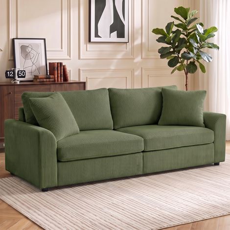 Canapé 3 places 212 cm avec 2 coussins à ressorts, tissu velours côtelé, pour salon, chambre, bureau à domicile, vert (1/5)
