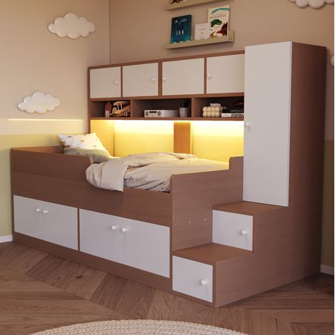 Lit mezzanine en MDF effet bois naturel 90x200 cm avec escalier de rangement et LED (1/5)