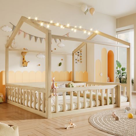 Lit Cabane Enfant 180x190 cm avec Éclairage LED, Barrières de Sécurité - Style Minimaliste - Bois de Pin Massif + MDF - Sans Matelas