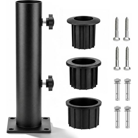 Pied de Parasol avec 3 Anneaux de Réduction en PVC (32/38/48 mm) et 8 Clous en Acier, Pièces de Rechange pour Terrasse, Jardin, Balcon, Bord de Piscine (Noir) (1/5)