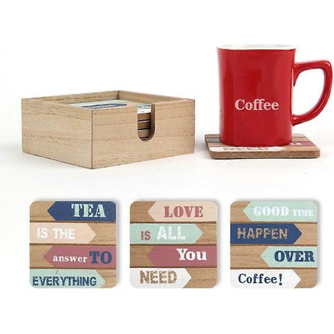 Lot de 6 dessous de tasse rustiques en bois avec support, carrés, style vintage, isolants thermiques, pour tasses à café ou en verre. Décoration de table (1/4)