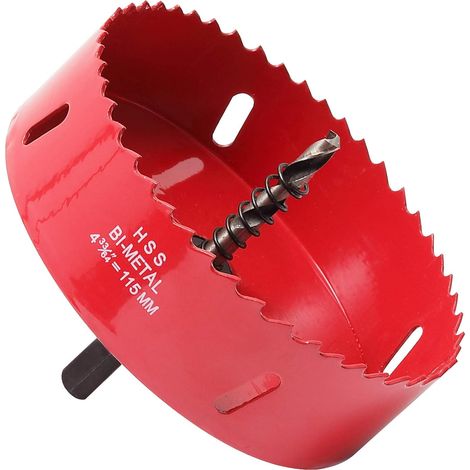 Scie cloche -115 mm - Acier rapide HSS M42 bi-métal - Scie-cloche avec tige hexagonale et foret pour bois, construction sèche et tôle métallique - 1 pièce - Rouge (1/5)