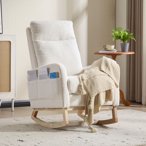 Chaise à bascule d'allaitement dossier haut, base bois incurvé poche latérale repose-pieds ergonomique soulage mal de dos, blanc 75x63x104cm (1/5)