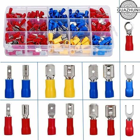 RTGPT, 280-piece electrical lug kit for electricians. These crimp-on electrical lugs are insulated and come in an assortment of round connectors, flat lugs, female lugs, and fork lugs. (1/4)