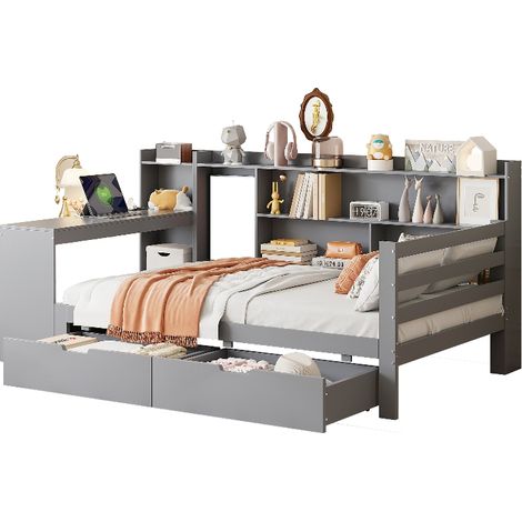 Multifunktionales Schlafsofa aus Massivholz 90x200 cm mit Schreibtisch und Stauraum, Holzbett mit Schubladen und Steckdose, Grau (1/5)