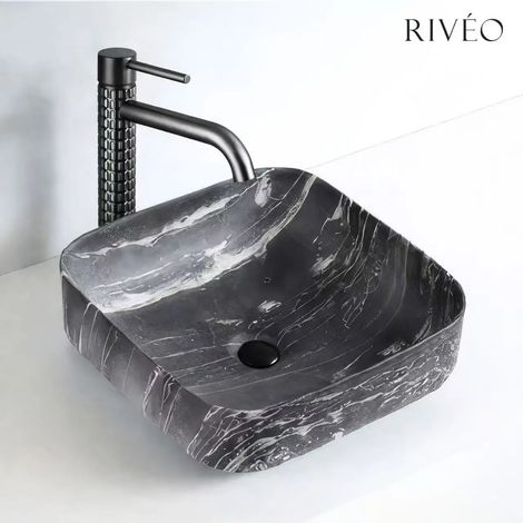 Vasque à poser carré arrondi 39,5 x 39,5 cm effet marbre noir en céramique mate avec bonde clic-clac noire incluse - Rivéo (1/5)