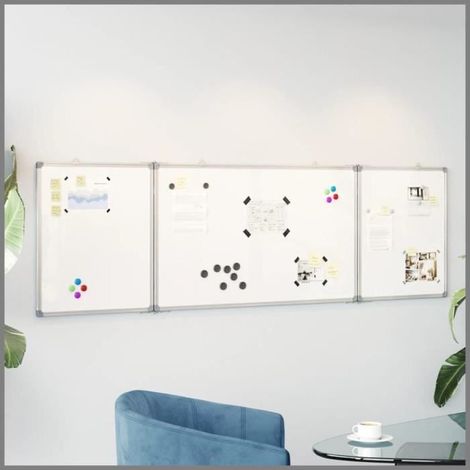 Tableau blanc magnétique pliable - V GEBY - 160x50x1,7 cm - 3 panneaux - Cadre aluminium - Coins de protection (1/4)