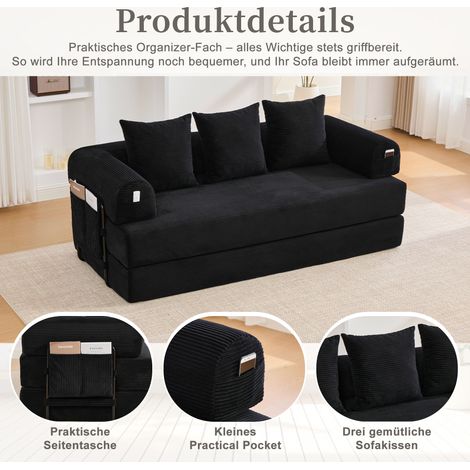 Canapé convertible compact en métal résistant, rangements latéraux, 3 oreillers inclus. Agencez votre coin détente sur mesure. Design contemporain tissu et acier, parfait pour séjour. Couleur noire. (1/5)