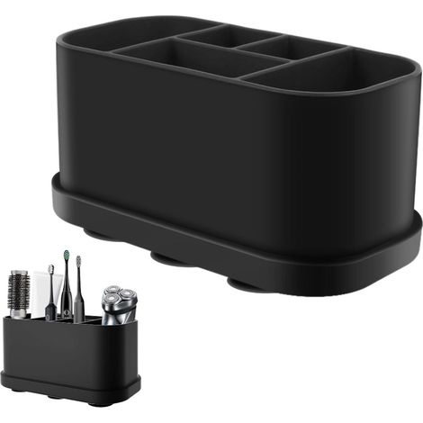 Organisateur de tiroir - Organisateur de salle de bain - 5 compartiments - Silicone - Plateaux de rangement - Avec ventouse - Convient pour la cuisine et le bureau - Cinq trous de drainage - Noir (1/4)