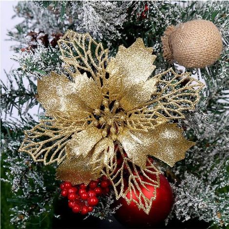 Lot 12 fleurs poinsettia or 16cm décorations sapin Noël scintillantes (1/5)