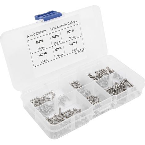 Kit 210 vis à tête cylindrique hexagonale creuse en acier inoxydable 304, assortiment de visserie M2, boîte de rangement pratique (1/5)