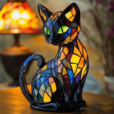 Lampe à poser en vitrail chat – Veilleuse LED colorée – Résine écologique – Éclairage doux pour chambre – Design fait main (1/5)