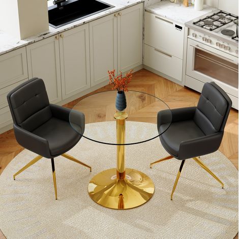 Conjunto de mesa y sillas de comedor, 85 cm de diámetro y 76 cm de alto, cristal templado, metal dorado, negro y transparente (1/5)